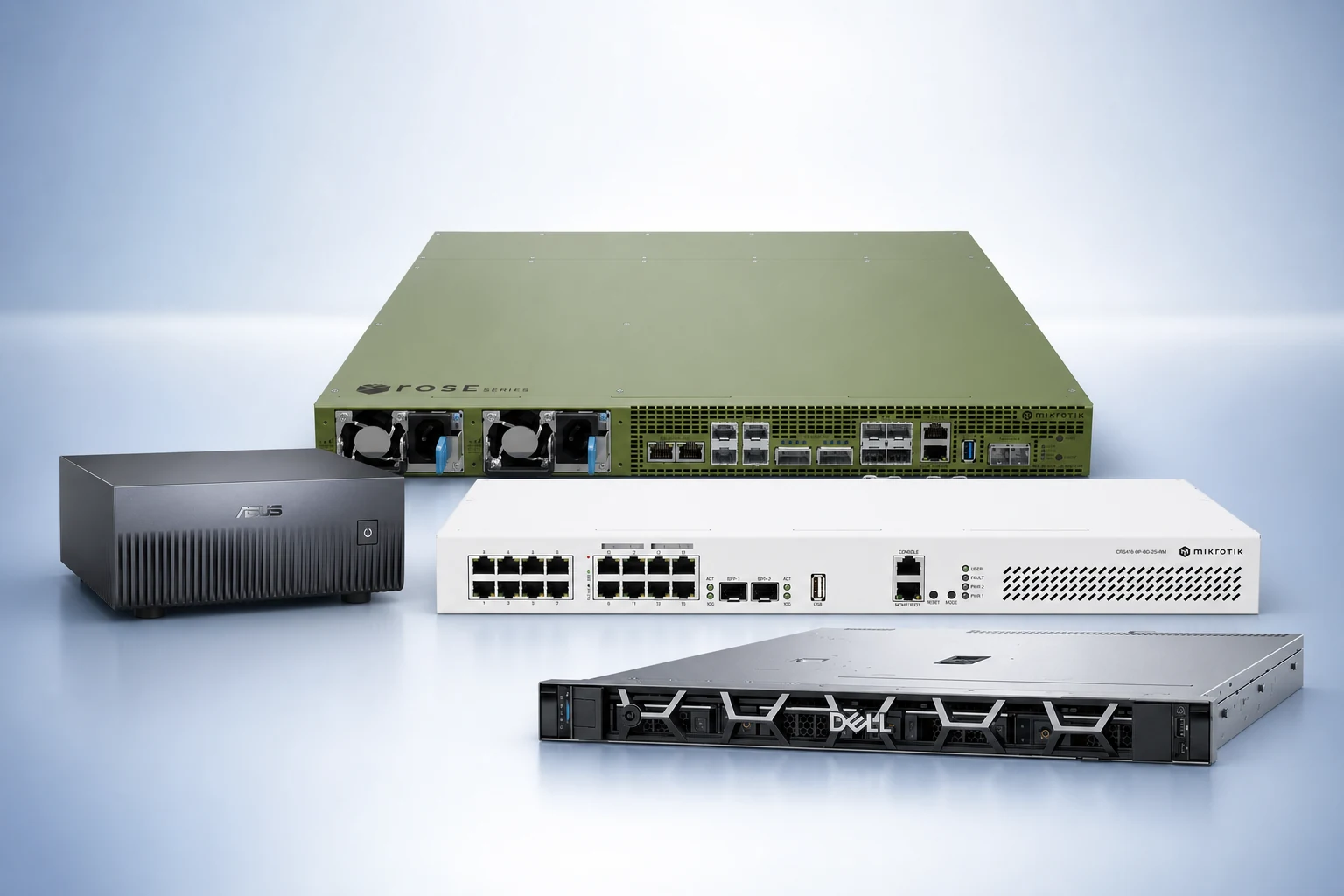 ASUS Ascent GX10, MikroTik ROSE data server and switch, and Dell PowerEdge server