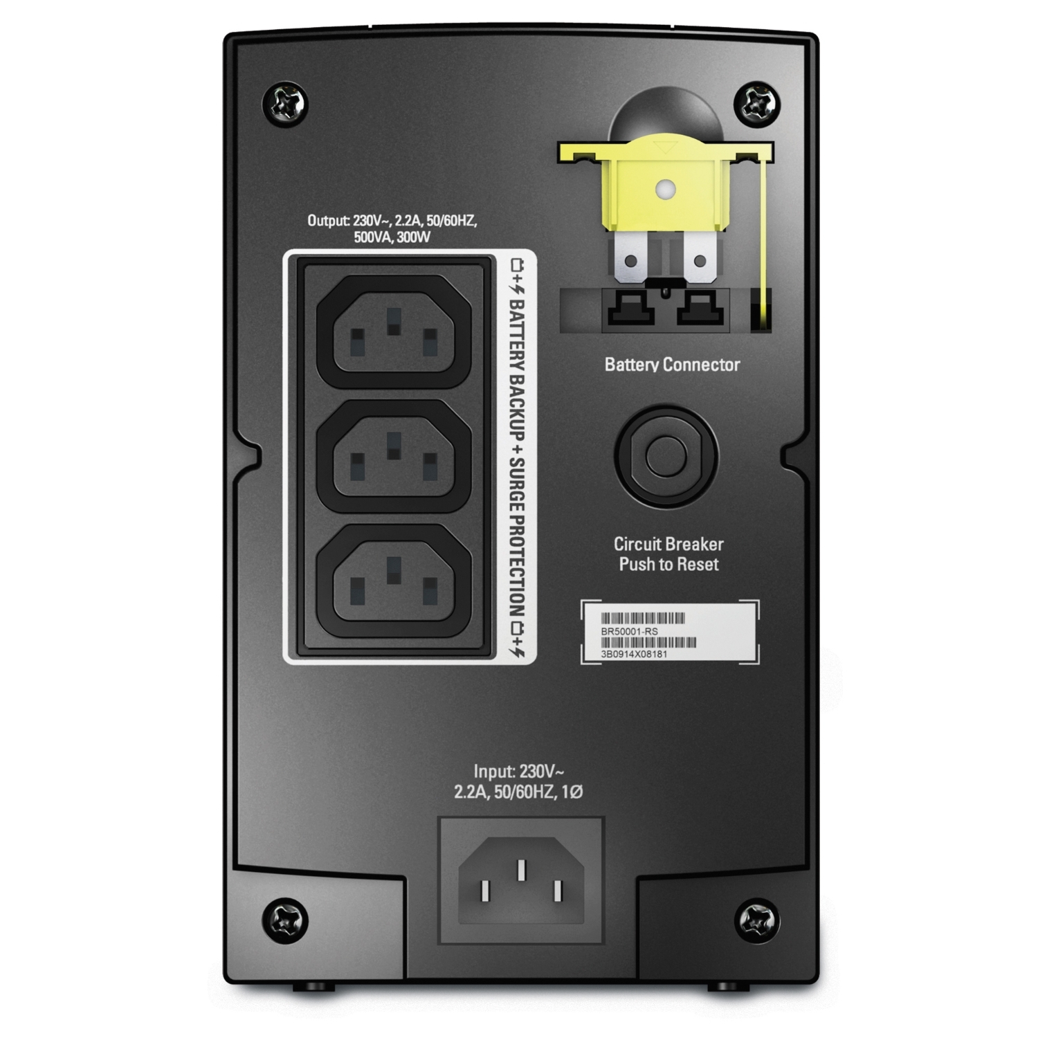 APC Back-UPS, 500VA/300W, Tower, 230V, 3x IEC C13 outlets, AVR, LED, User Replaceable Battery