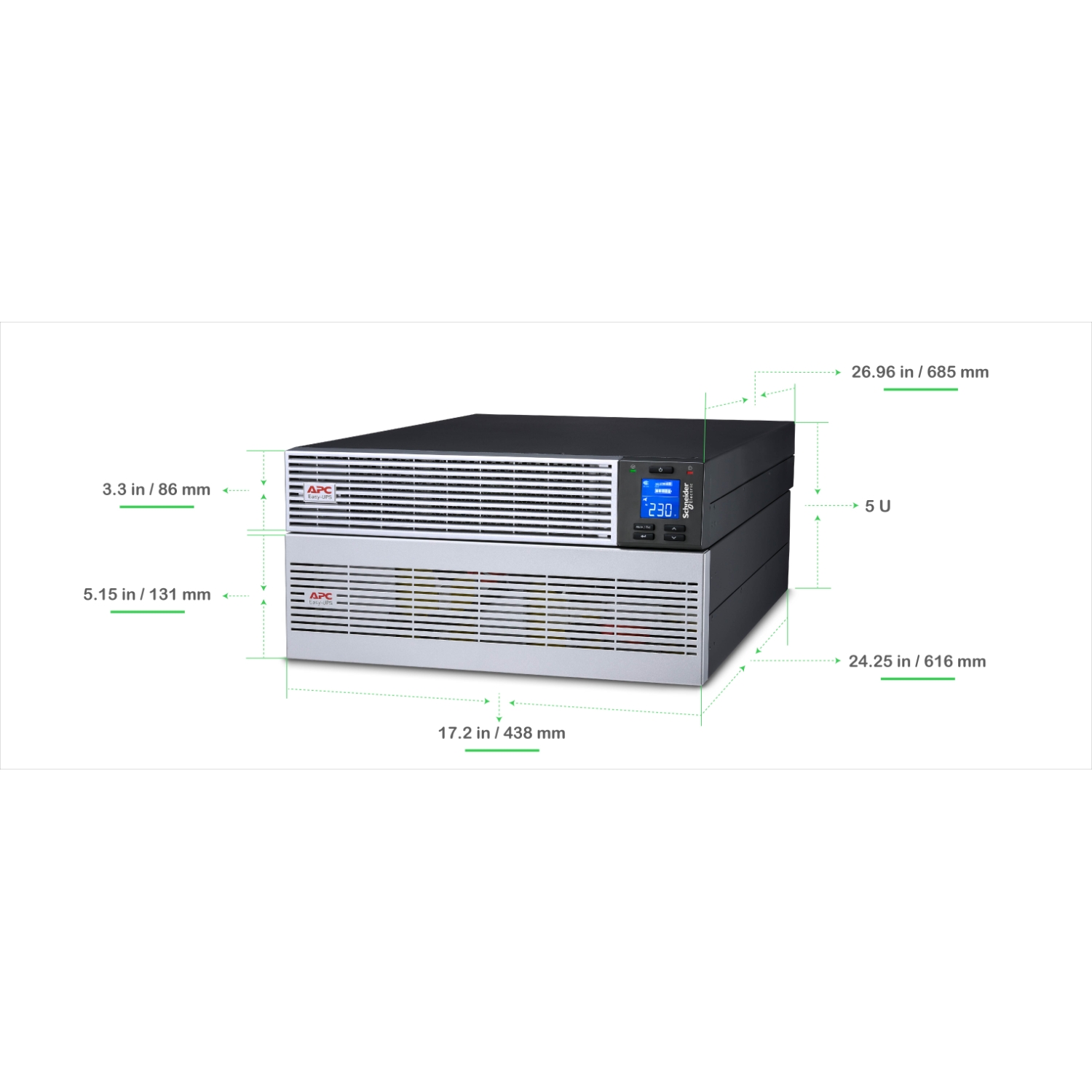 APC Easy UPS On-Line, 6kVA/6kW, Lithium-ion, Rack/Tower 5U, 230V, 1 Hard wire (1P+N+E) outlet, Intelligent Card Slot, Extended runtime, W/ rail kit