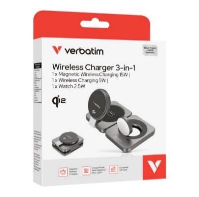 Verbatim 3-in-1 Qi2 Wireless Charger (WCDQi201) Charge Phone, Watch and Earbud (Max 22.5W)