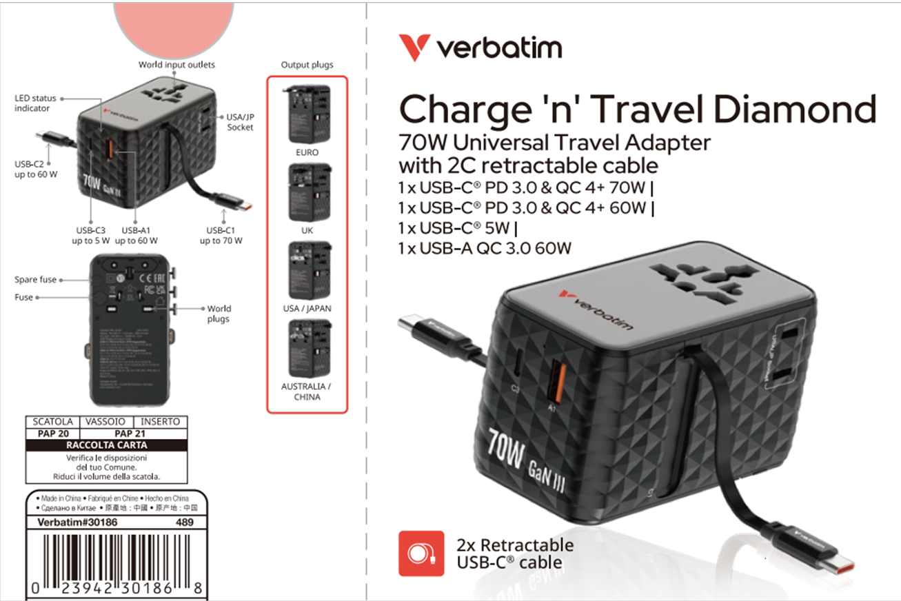 Verbatim 4-Ports 70W GaN Universal Travel Adapter with 2x USB-C Retractable Cable 3x PD 70W PPS & QC4.0+ / 1x USB-A QC4+ 60W *Free pouch inside* (Can Charge Laptop)(CNT-70/2C)