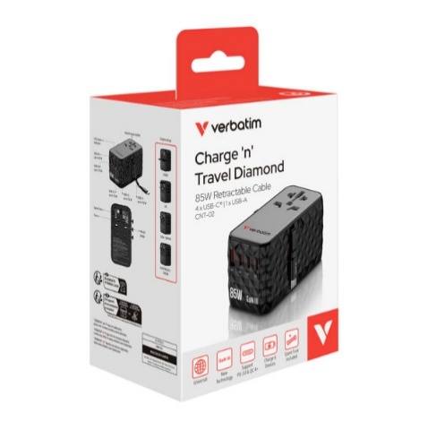 Verbatim 5-Ports 85W GaN Universal Travel Adapter with Retractable Cable 3x PD 70W PPS & QC4.0+ / 2x USB-A QC4+ 60W *Free pouch inside* (Can Charge Laptop)(CNT-02)