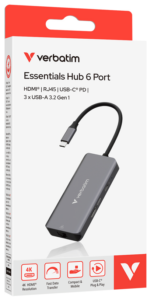 Verbatim 6 Port USB-C Hub with RJ45 USB-C® PD, HDMI, RJ45 & 3 x USB-A 3.2 Gen1