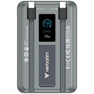 Verbatim Charge 'n' Go 10,000 mAh 5-in-1 Qi Power Pack with Color Display & Stand (22.5W) (Solid State Battery, with CCC and QR) (Can charge iWatch and iPod)