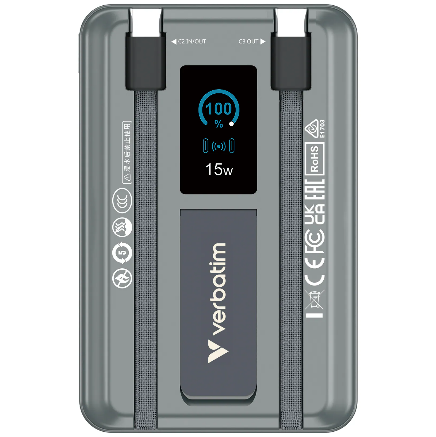Verbatim Charge 'n' Go 10,000 mAh 5-in-1 Qi Power Pack with Color Display & Stand (22.5W) (Solid State Battery, with CCC and QR) (Can charge iWatch and iPod)